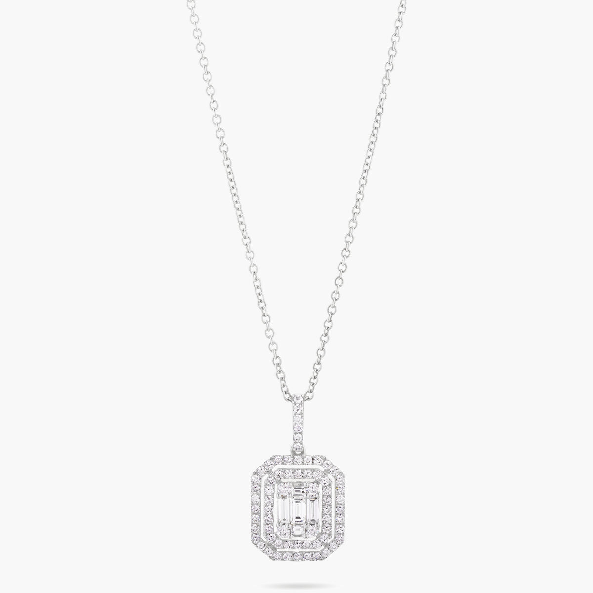 Baguette centre w round diamond double frame pendant