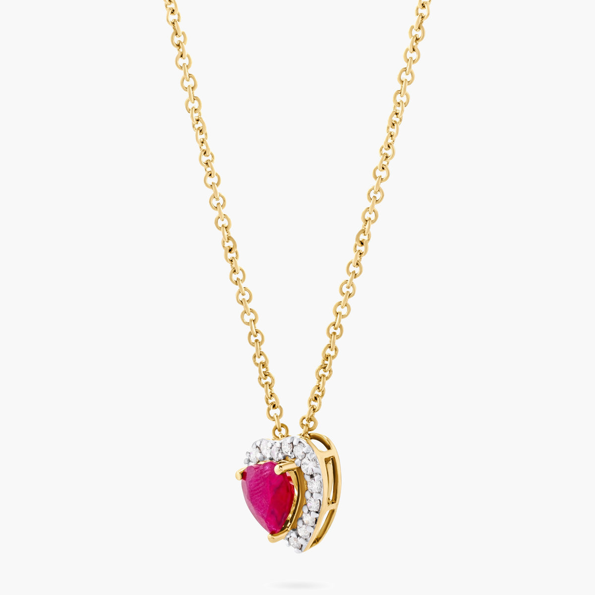 Ruby and Diamond Heart Halo Pendant Necklace