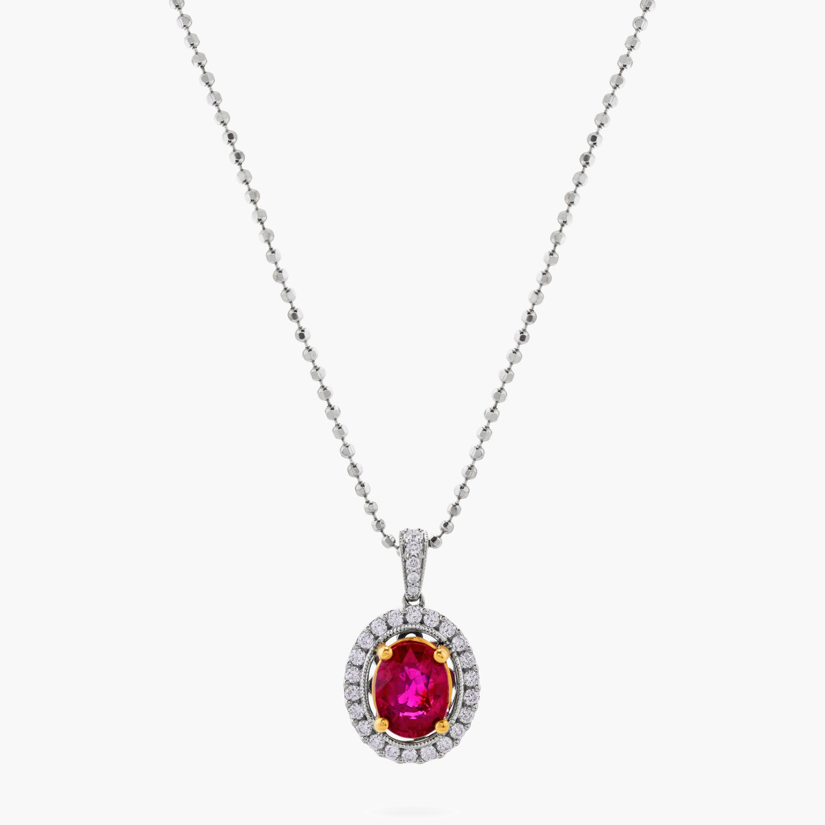 Ruby and Diamond Oval Halo Pendant Necklace
