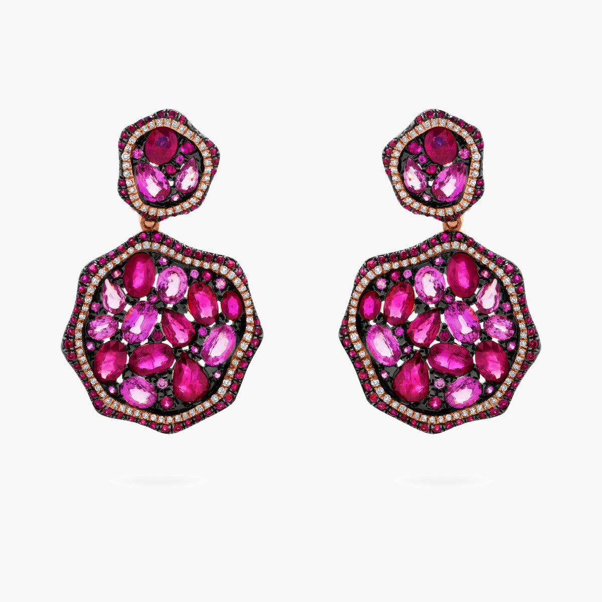 Ruby, Pink Sapphire and Diamond Cluster Drop Earrings