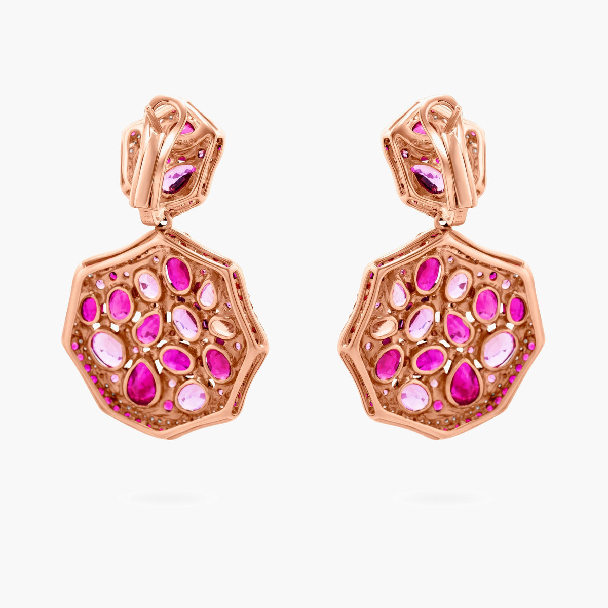 Ruby, Pink Sapphire and Diamond Cluster Drop Earrings