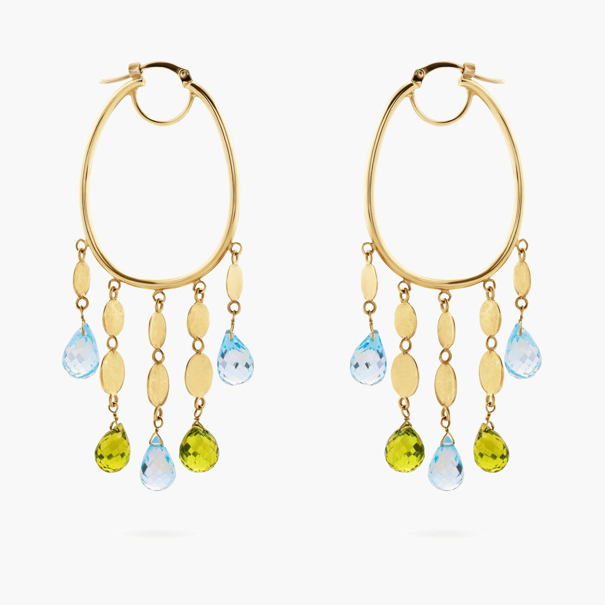 Blue Topaz and Peridot Tassel Hoop Earrings