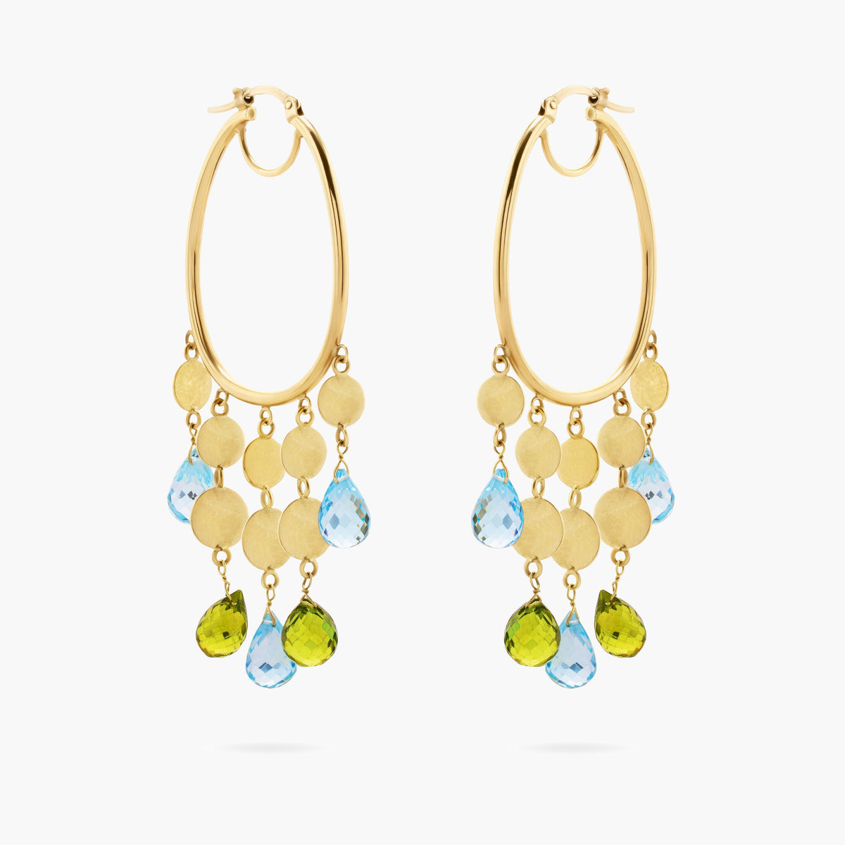 Blue Topaz and Peridot Tassel Hoop Earrings