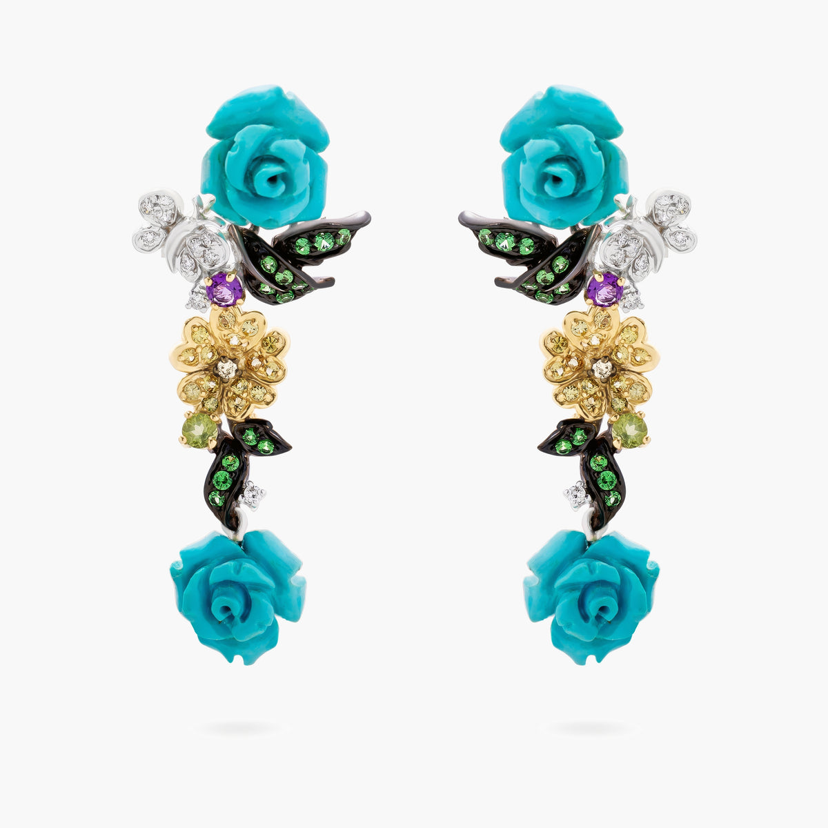 Carved Turquoise, Tsavorite and Diamond Flower Drop Earrings