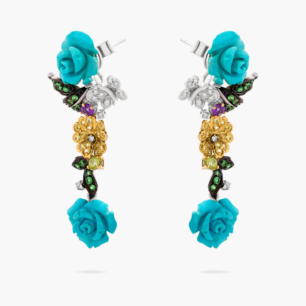 Carved Turquoise, Tsavorite and Diamond Flower Drop Earrings