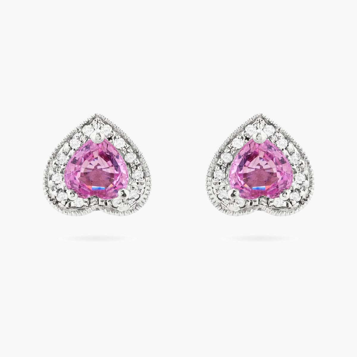 Pink Sapphire and Diamond Heart Stud Earrings