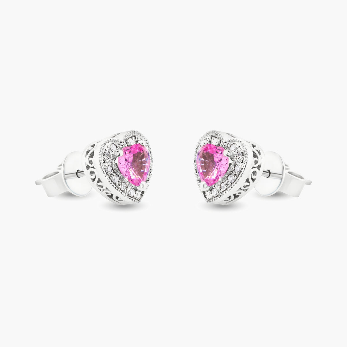 Pink Sapphire and Diamond Heart Stud Earrings