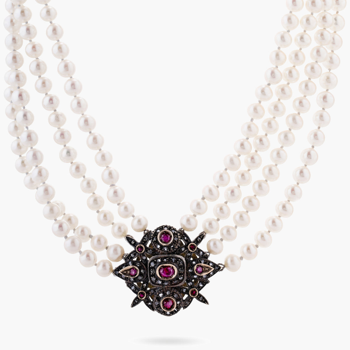 Diamond&ruby 4 strand pearl necklace