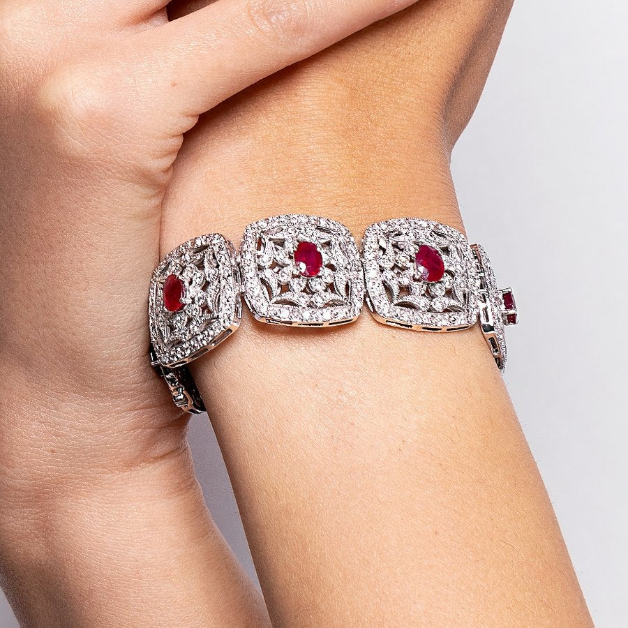 Ruby and diamond bracelet worn on wrist
